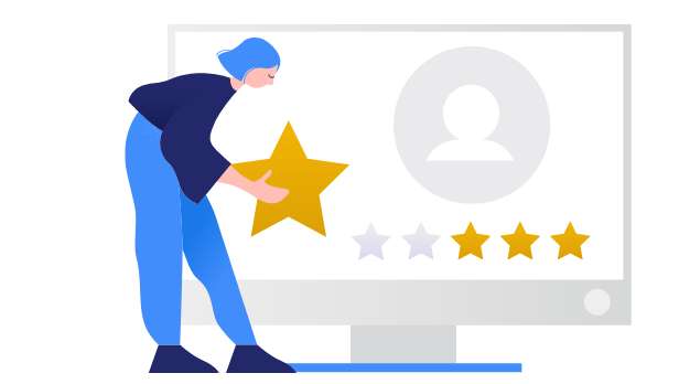 A stylized illustrated woman lifts a large star into a row of yellow rating stars.